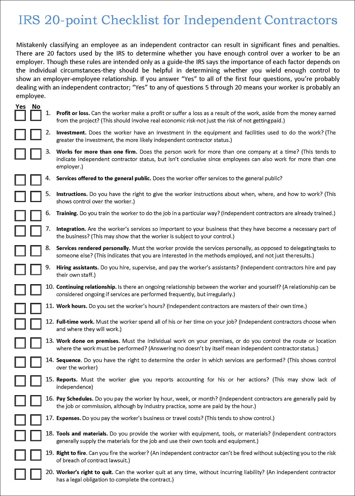 IRS 20-point Checklist for Independent Contractors