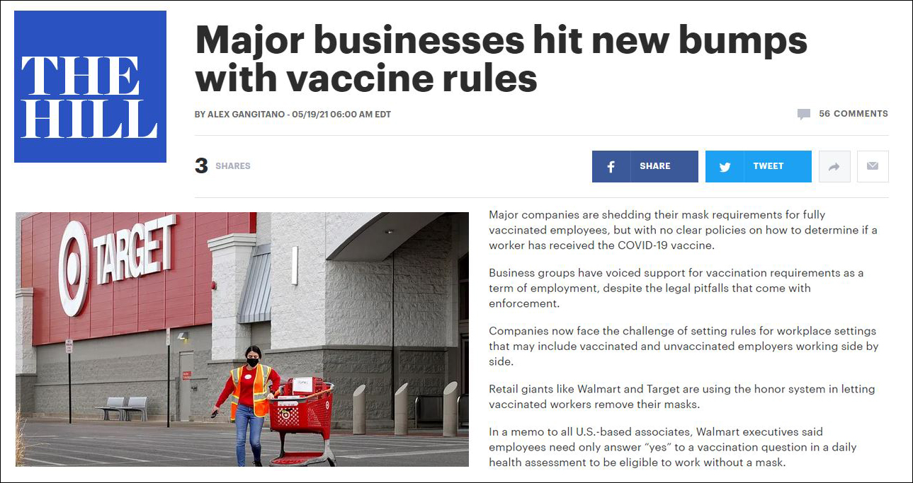 The Hill: Major Businesses Hit New Bumps with Vaccine Rules