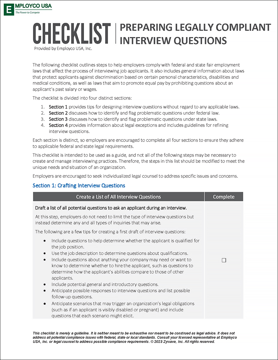Checklist – Preparing Legally Compliant Interview Questions
