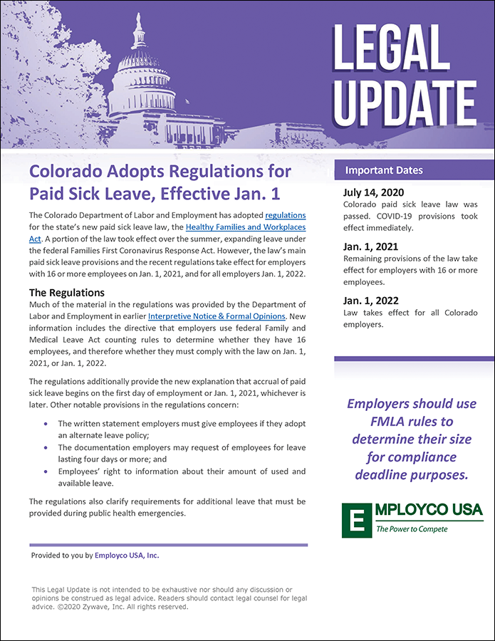 Legal Update: Colorado Adopts Regulations for Paid Sick Leave, Effective Jan. 1