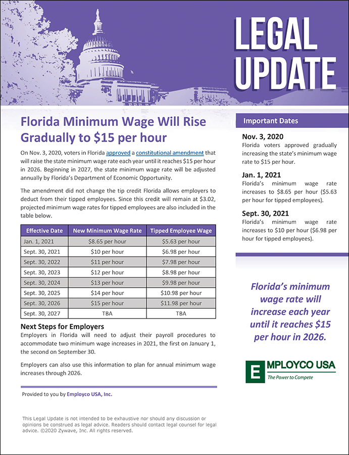 Legal Update: Florida Minimum Wage Will Rise Gradually to $15 per hour