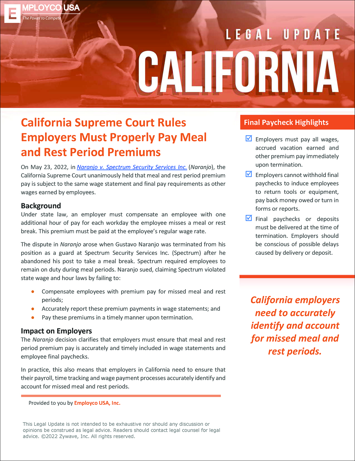 California Supreme Court Rules Employers Must Properly Pay Meal and Rest Period Premiums