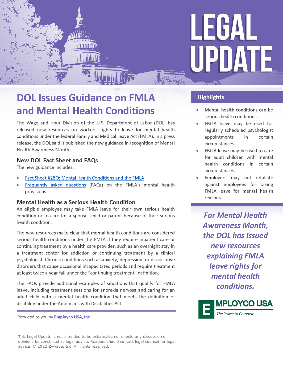 DOL Issues Guidance on FMLA and Mental Health Conditions