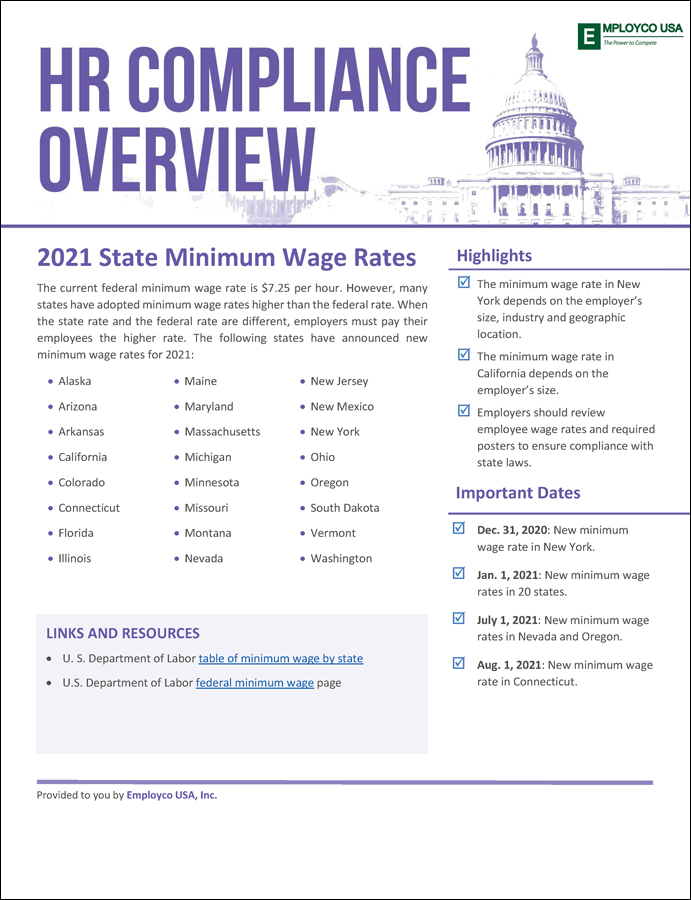 HR Compliance Overview: 2021 State Minimum Wage Rates