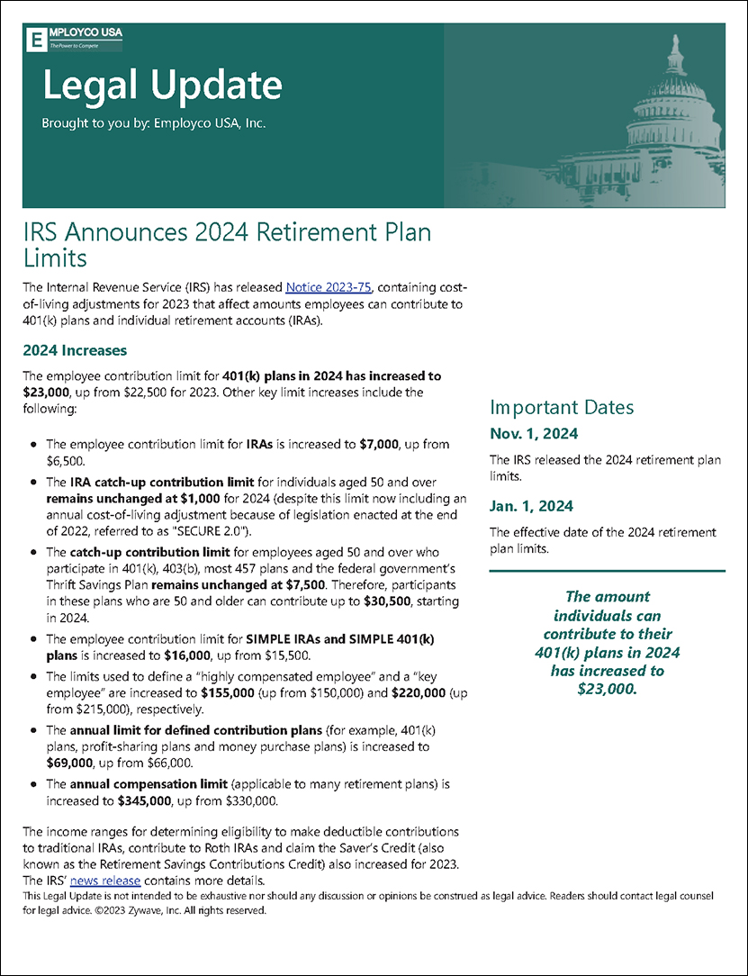 IRS Announces 2024 Retirement Plan Limits