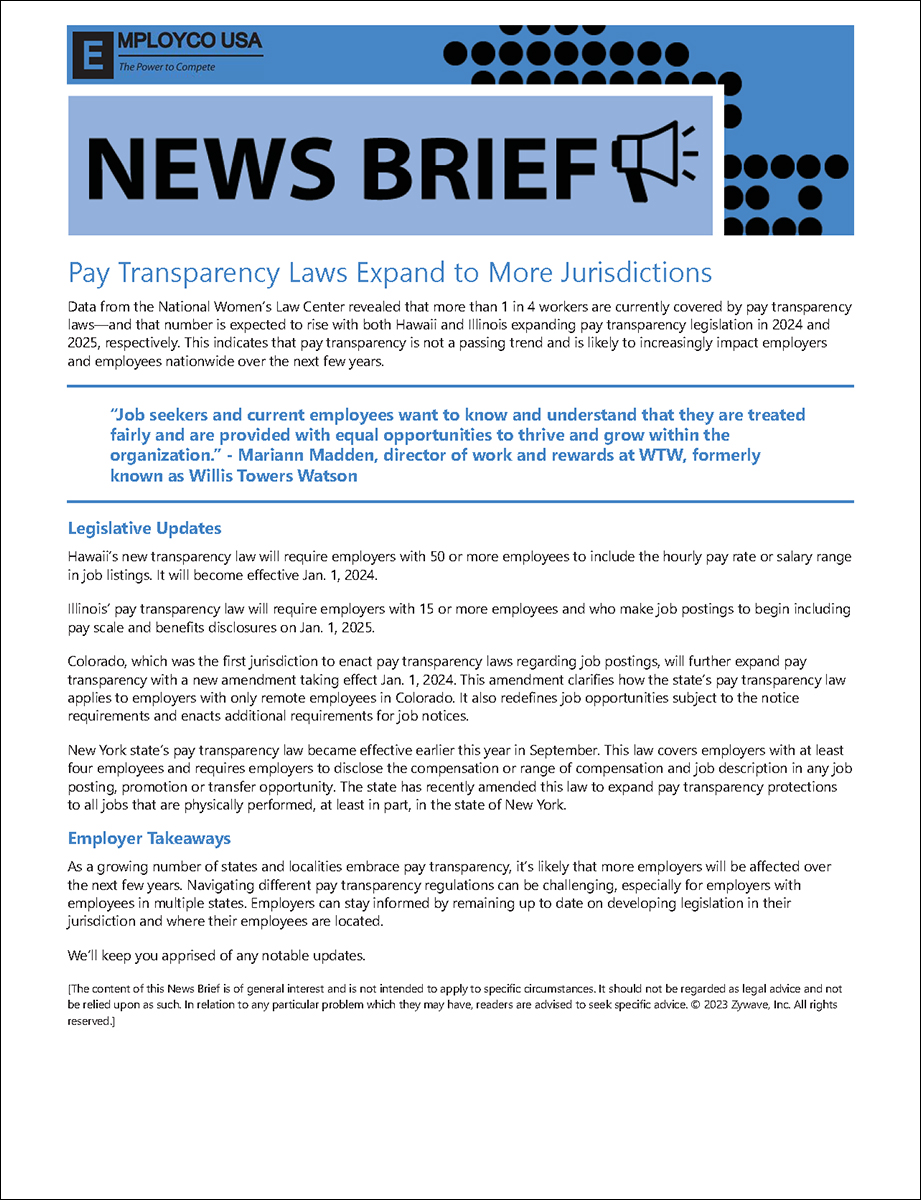 News Brief – Pay Transparency Laws Expand to More Jurisdictions